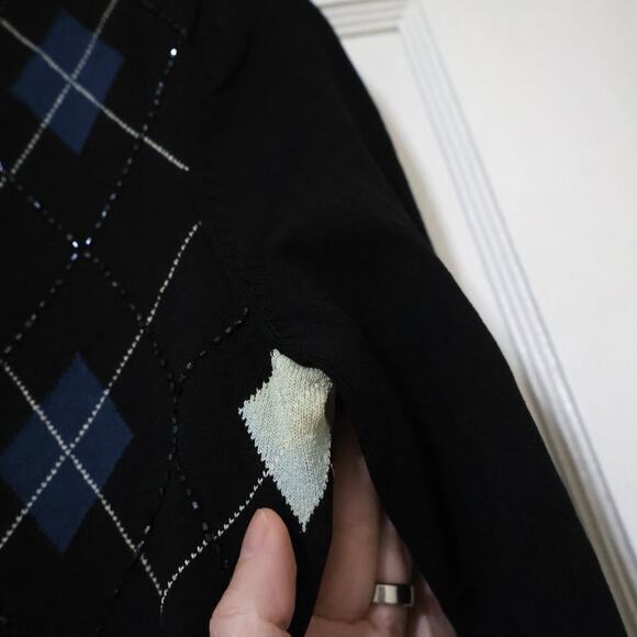 Vintage INC International Concepts Silk Beaded Argyle Black Blue Sweater Preppy - Picture 4 of 9